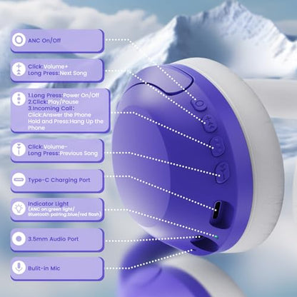 ATTACK SHARK G300 Active Noise Cancelling Wireless Headphones, Ultra Light Foldable Over-Ear Wired/Bluetooth Headset, 20H Playtime, Built-in Mic Hands Free Talking for Travel, Office, Home - Purple - color: Purple