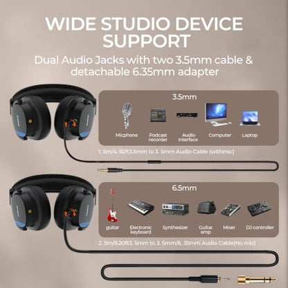 NUBWO HD01 Studio Headphones Wired, Hi-Res Over Ear Headphones with 1/4 inch to 3.5mm Adapter, Lightweight Closed Back DJ Headphones for Piano Guitar AMP Recording Mixer Amplifier