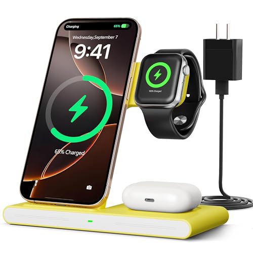 2026 Wireless Charger for Apple and Android Charging Station,3 in 1 Fast Max Charging for iPhone 16 15 14 13 12 Pro Max Plus, Apple Watch Series & Air pods 4 3 2 Pro, Android Samsung Galaxy Series - color: Yellow