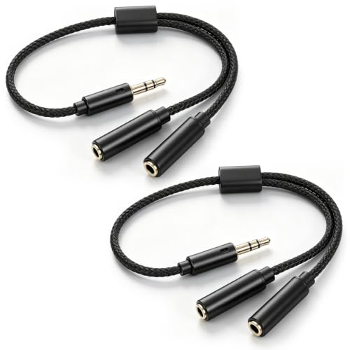 2PCS 3.5mm Headphone Splitter for 2 Headphones, Y Audio Splitter | Tough Braided Nylon Extension Cable, 3.5mm TRS Aux Jack Cable 1 in 2 out Headset Splitters for Phone/Tablet/Laptop/PC/MP3