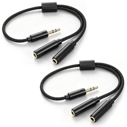 2PCS 3.5mm Headphone Splitter for 2 Headphones, Y Audio Splitter | Tough Braided Nylon Extension Cable, 3.5mm TRS Aux Jack Cable 1 in 2 out Headset Splitters for Phone/Tablet/Laptop/PC/MP3