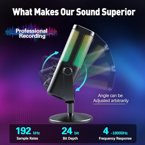 VCOM USB Microphone for PC, RGB Gaming Microphone with Mute Button, Gain Control, Monitoring Headphone 3.5mm Jack, PC Mic for Gaming, Streaming, Podcast, VoiceOver, Recording