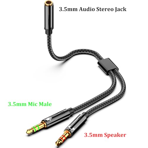 2-Pack Headphone Splitter for Computer 3.5mm Female to 2 Dual 3.5mm Male Headphone Mic Audio Adapter Y Splitter Cable Nylon Braided Cord Smartphone Headset to PC Adapter (Black,Silver)
