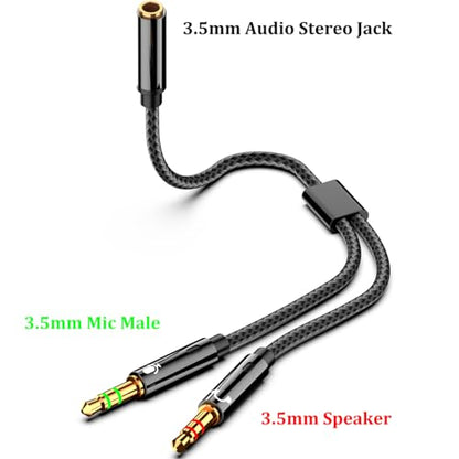 2-Pack Headphone Splitter for Computer 3.5mm Female to 2 Dual 3.5mm Male Headphone Mic Audio Adapter Y Splitter Cable Nylon Braided Cord Smartphone Headset to PC Adapter (Black,Silver)