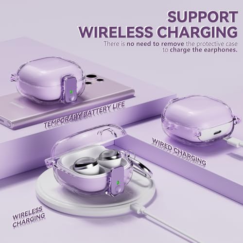 Inesore Case for Samsung Galaxy Buds FE/Buds 2/Pro/Live (Purple) | Safety Lock Design Prevents Loss, Clear Anti-Yellow PC Shell, 3-in-1 Cleaning Tool, Metal Clasp, Silicone Lanyard - color: A1-Purple