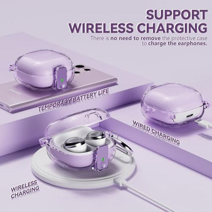 Inesore Case for Samsung Galaxy Buds FE/Buds 2/Pro/Live (Purple) | Safety Lock Design Prevents Loss, Clear Anti-Yellow PC Shell, 3-in-1 Cleaning Tool, Metal Clasp, Silicone Lanyard - color: A1-Purple