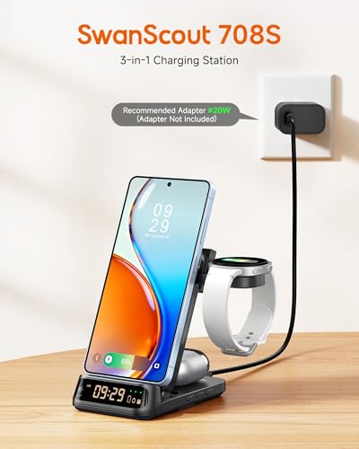 SwanScout 708S 3-in-1 Foldable Wireless Charger for Samsung Devices | Wireless Charging Station with Clock, for S26/S25/S24/S23/Z Flip 8, for Galaxy Watch 8/7/FE/6/5/4, No Adapter - color: Black