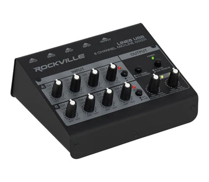 Rockville 4-Person Podcast Recording Package LINE8 USB 8-Channel Mixer and USB Audio Interface with (4) PRO-M50 Headphones, (4) RMIC-SR Mics, Stands, RHPA4 Amp, Cables (15 Items)