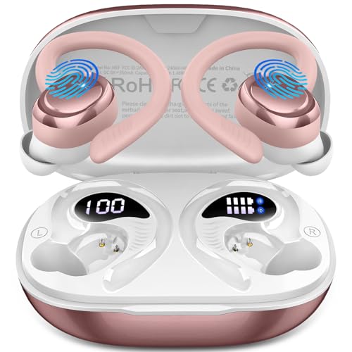 Hupoaf Wireless Earbuds Sport, NEW Bluetooth 5.4 Headphones with Earhooks, 50H Stereo Deep Bass Over Ear Buds with 4 ENC Noise Canceling Mics, IP7 Waterproof Earphones for Running Workout Gym -Pink - color: A-Pink