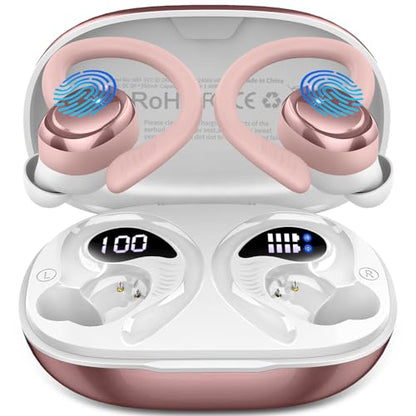 Hupoaf Wireless Earbuds Sport, NEW Bluetooth 5.4 Headphones with Earhooks, 50H Stereo Deep Bass Over Ear Buds with 4 ENC Noise Canceling Mics, IP7 Waterproof Earphones for Running Workout Gym -Pink - color: A-Pink