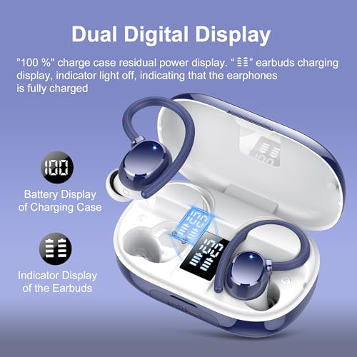 hadbleng Ear Buds Wireless Earbuds Bluetooth Headphones with 128H Playtime LED Digital Display Charging Case, Over-Ear Hook with Mic, Stereo Sound, IPX7 Waterproof Earphones for Workout/Running - color: Gemstone blue