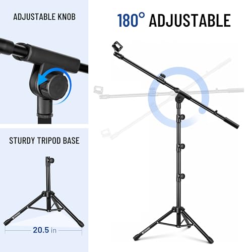 CAHAYA Mic Stand Floor Adjustable - Tripod Boom Arm Microphone Stand with Carrying Bag 2 Mic Clips 3/8" to 5/8" Adapter for Singing Podcast Compatible with Blue Yeti Shure SM58 SM48 Fifine K669B - color: Black, style: Standard Version