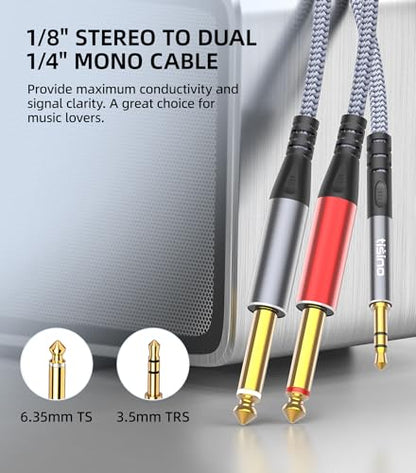 Tisino 3.5mm to 1/4" Adapter Stereo(L/R) Audio Splitter Cable, 6.6FT/2m | 3.5mm TRS to Dual 6.35mm TS Mono Audio Breakout Cord for Phone/MP3 Player/Speaker/Amplifier, Gold-Plated Shielded Lead - size: 6.6 ft