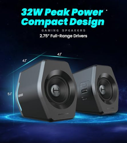 Edifier Hecate RGB Gaming Speakers, 32W Peak Power, Bluetooth, Black | Game/Movie/Music Modes, 12 RGB Lighting Effects, Compact Design for PC/PS4/Desktop, 2.75" Full-Range Drivers - color: black