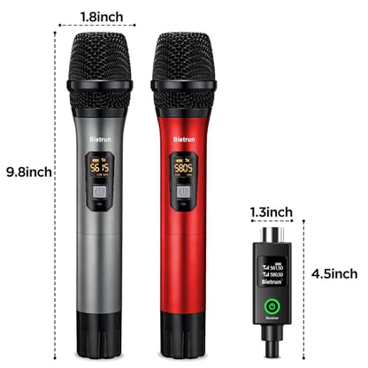 Bietrun XLR Wireless Microphone, UHF Dual Handheld Dynamic Metal Mic Set with Rechargeable Receiver, XLR to 1/4'' Adapter, for Karaoke, Church, Wedding, Party Singing(160 ft Range)(Auto Connect) - color: Grey Red with receiver