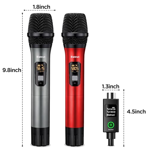 Bietrun XLR Wireless Microphone, UHF Dual Handheld Dynamic Metal Mic Set with Rechargeable Receiver, XLR to 1/4'' Adapter, for Karaoke, Church, Wedding, Party Singing(160 ft Range)(Auto Connect) - color: Grey Red with receiver