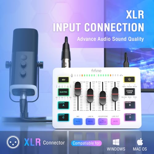 FIFINE Audio Mixer, Gaming Streaming PC Mixer with Slider Fader, XLR Microphone Interface, Monitoring, for Video/Game Voice/Podcast Recording-AmpliGame SC3W | USB PnP For PC,Mute Button,XLR Preamp,RGB,Voice change,48V Phantom Power,Monitoring,Podcast,Reco