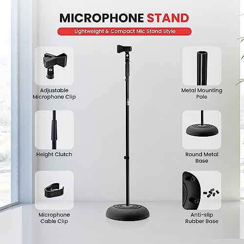 Pyle Adjustable Microphone Stand - Universal Mic Stand with Compact Heavy Base, Floor Standing Design, Height Adjustable, Pivot Angle Clip for Singing & Recording (2.8’ - 5’ ft., 9.8” Base Diameter) - size: 1 Pack
