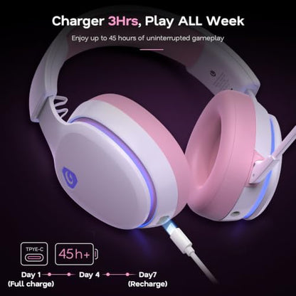 AOC 2.4GHz Wireless Gaming Headset for PS5, PS4, PC, Switch, 45Hr, Pink | Bluetooth 6.0 Gaming Headphones with Noise Canceling Mic, 7.1 Virtual Surround, Great for Fortnite & Call of Duty/FPS Gamers - color: Pink