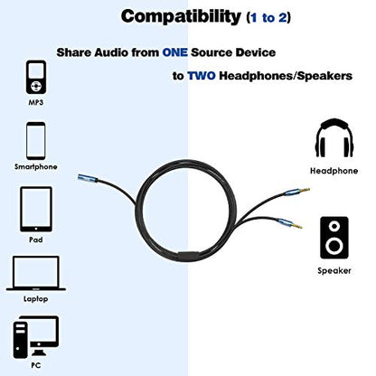 Audio Splitter Female to 2 Male 3.5mm TRS Audio Splitter Cable 8 FT | Sapphire Blue, Gold-Plated, 1/8 Female to 2-Male Aux Stereo Headphone Adapter Cable for Phone, PC, MP3, Earphone, Speaker - style: TRS Female Jack to 2 Male