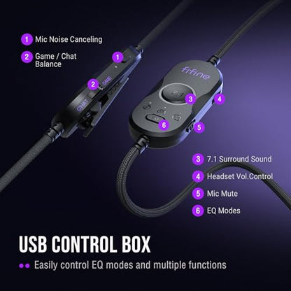 FIFINE Wired Gaming Headsets: 7.1 Surround Sound - Vibrant Customizable RGB - Game/Chat Balance, USB Gamer Headphones with Noise Canceling Microphone for PC, PS5/PS4, Laptop, Mac - AmpliGame H13BP | Large 50mm drivers, Crisp 7.1 Surround, Ergonomic Earpad