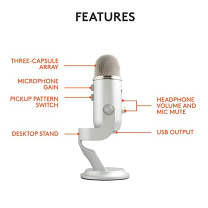 Logitech Creators Blue Yeti USB Microphone for PC, Mac, Gaming, Recording, Streaming, Podcasting, Studio and Computer Condenser Mic with Blue VO!CE Effects, 4 Pickup Patterns, Plug and Play - Silver | Mac, Gaming, Recording, Streaming, Podcasting, Studio