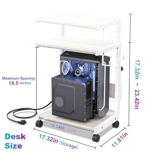 Computer Tower Stand with Charging Station, for Small and Mid-Tower PCs | Height Adjustable PC Stand with Wheel, CPU Holder with 2 AC Outlets + 2 USB Ports, 2-Tier Storage, Durable Metal Frame - color: White