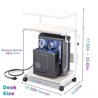 Computer Tower Stand with Charging Station, for Small and Mid-Tower PCs | Height Adjustable PC Stand with Wheel, CPU Holder with 2 AC Outlets + 2 USB Ports, 2-Tier Storage, Durable Metal Frame - color: White