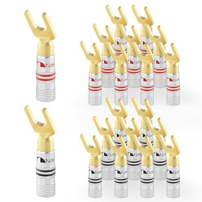 Nakamichi GrubLock 24k Gold Plated Spade Y Banana Plugs, 10-18 AWG | Excel Series, Gauge Size 4mm for Speakers Amplifier Hi-Fi AV Stereo Audio Wire Cable Screw Connector, 20 Pcs (10-Pairs) - size: 20 Pcs (10-Pairs)