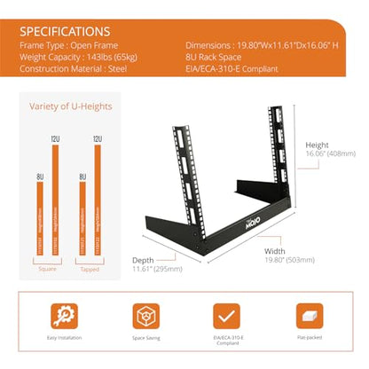 Tecmojo 2 Post 8U Desktop Server Rack Small Open Frame Rack for 19in AV/Data/Audio/Studio Equipment Free Standing Home/Office Rack,Square Hole - size: 8U/Square Hole