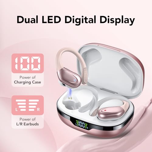 Ear buds Wireless Earbuds Bluetooth 5.3 Headphones 60hrs Playtime with Digital Display Sports Wireless Headphones with Earhook Deep Bass IPX7 Waterproof Over-Ear Earbuds for Android iOS Workout Rose - color: Rose