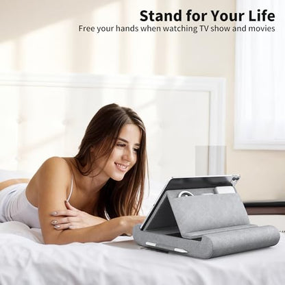 CreaDream Tablet Pillow Stand, Foldable Tablet Holder for Lap, Bed | Soft Pillow Pad with Pocket and Stylus Mount, for 4-13" Tablets, Like iPad Pro 11, 13, Air, Mini, Kindle, Galaxy Tab, Grey - color: Grey
