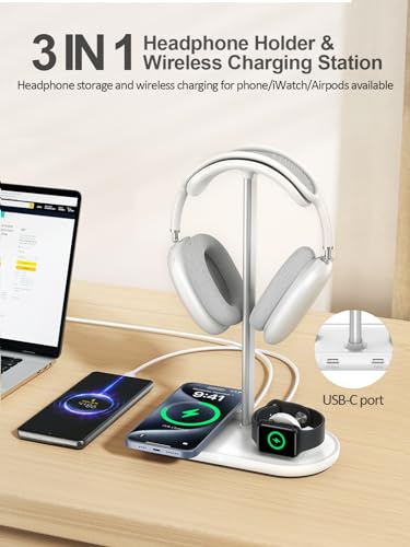 TopMade 5-in-1 Headphone Stand for Desk with Wireless Charger & USB Charger for iPhone/AirPods/iWatch/Samsung, Universal Desktop Headset Stand for AirPods Max, Bose, Beats and More, White