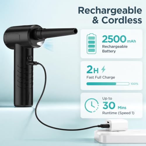 Compressed Air Duster, Efficient 55000RPM, Compact Design, Super Quiet | Electric Air Blower, Portable 3-Gear Rechargeable Cordless Dust Blower with LED Light for Keyboard Cleaning