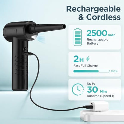 Compressed Air Duster, Efficient 55000RPM, Compact Design, Super Quiet | Electric Air Blower, Portable 3-Gear Rechargeable Cordless Dust Blower with LED Light for Keyboard Cleaning