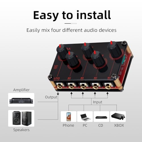 COKYIS TP400 Mini Portable Stereo 4 Channel Audio Mixer Live Studio Console Recording Low Noise Multiple Input Mix 4 Way 1/8" inch 4 in 1 Out Stereo Mixer(With USB power cord)