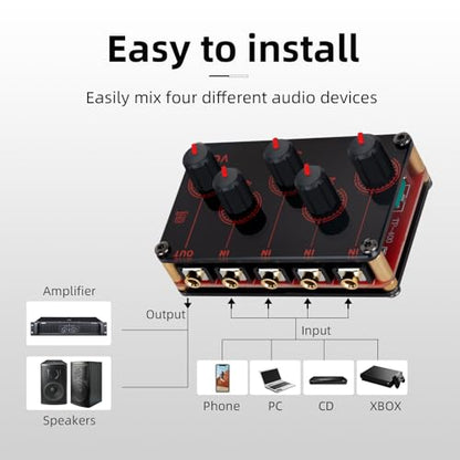 COKYIS TP400 Mini Portable Stereo 4 Channel Audio Mixer Live Studio Console Recording Low Noise Multiple Input Mix 4 Way 1/8" inch 4 in 1 Out Stereo Mixer(With USB power cord)