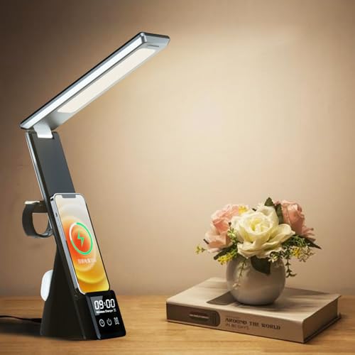 IHAO 6in1 Multifunctional Foldable LED Desk Lamp with Wireless Charger Digital Alarm Clock Eye-Care Lighting 3 Color Modes 15W Qi Charger for Phone/Headphones, Apple Watch Compatible-Black - color: Table Lamp Black