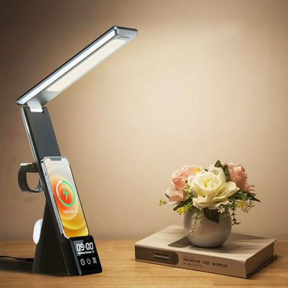 IHAO 6in1 Multifunctional Foldable LED Desk Lamp with Wireless Charger Digital Alarm Clock Eye-Care Lighting 3 Color Modes 15W Qi Charger for Phone/Headphones, Apple Watch Compatible-Black - color: Table Lamp Black