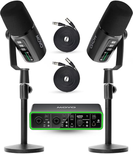 Movo Podcast Equipment Bundle - Phantom USB Audio Interface, 2 UM6 XLR/USB-C Dynamic Microphones, and 2 Tabletop Stands - Dual Microphone Setup for Professional Podcasting and Streaming - style: with 2 Microphones and Desk Stands