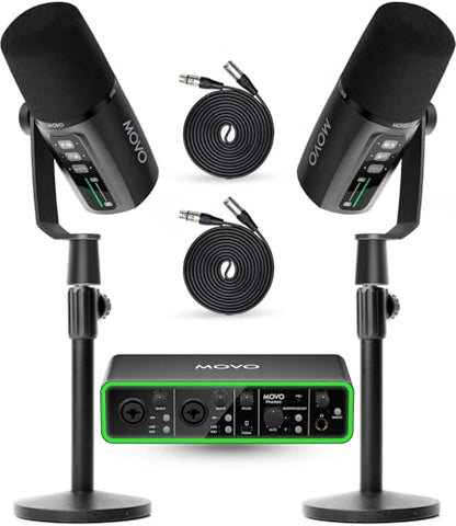 Movo Podcast Equipment Bundle - Phantom USB Audio Interface, 2 UM6 XLR/USB-C Dynamic Microphones, and 2 Tabletop Stands - Dual Microphone Setup for Professional Podcasting and Streaming - style: with 2 Microphones and Desk Stands