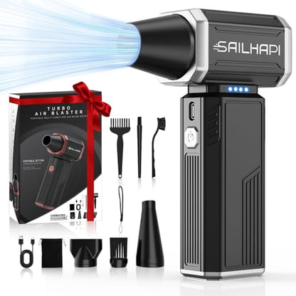 Powerful Air Duster, Rechargeable Blower, Turbo Fan, Barber Gifts | 300000RPM, Handheld Fast Clean, for Computer Accessories, PC Gamers, Carpenter, Laptop, Desk & Snow Removal, Gadgets for Men - color: Bright Silver