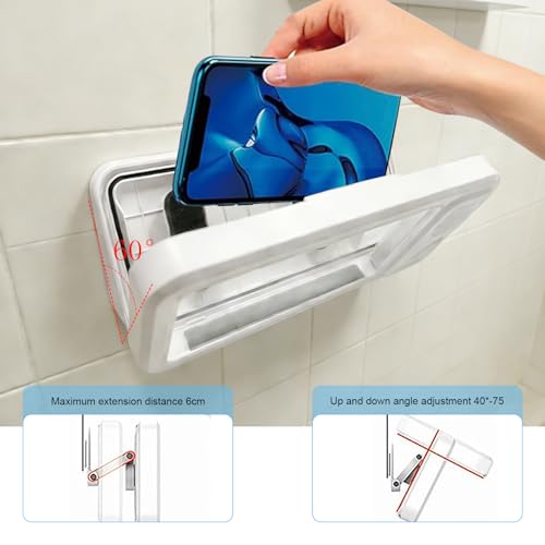 Wall Mount Shower Phone Holder Waterproof,Bathroom Accessories,Waterproof Phone Case,Shower Phones Holder with Speaker,360° Rotation,Retractable Adjustable Bathroom Case Mount Shelf - color: White
