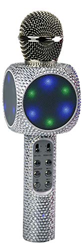 Sing-Along Bling Bluetooth Karaoke Microphone with LED for Karaoke Speaker | Rechargeable Bedazzled Microphone, Wireless Karaoke Microphone with LED Lights, SD Card Slot, Skip Tracks - Confetti Bling - color: Silver Bling