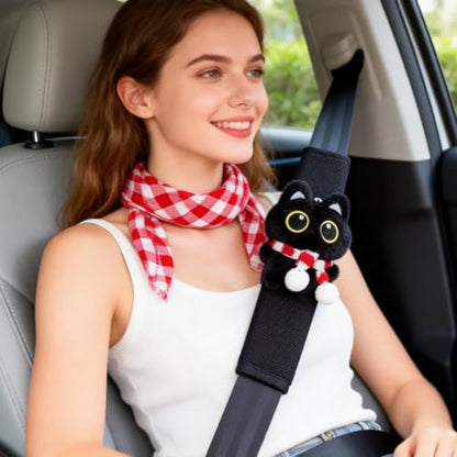 2 PCS Seat Belt Cover Pad, Cute Kawaii Animal Cat Soft Seatbelt Covers for Women, Seatbelt Cushion, Black Car Seat Strap Pads for Summer Spring (Red+Black) - color: Red+Black