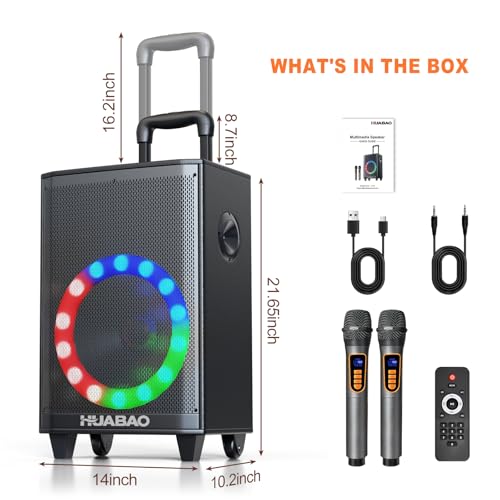 Large Bluetooth Karaoke Speaker with 2 Wireless Microphones, 11 Speaker System with 8800mAh Battery, Trolley PA System with Lights, Remote, FM/AUX/USB/TF, Bass & Treble Adjust, Ideal for Outdoor Party - size: A115