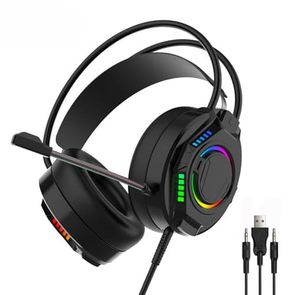 LICAEVEY Wired USB Gaming Headset for PC Switch Mobile Devices, 3.5mm RGB Headphones with 50mm Driver Unit 7.1 Surround Sound Noise Cancelling Microphone (Black) - color: Black