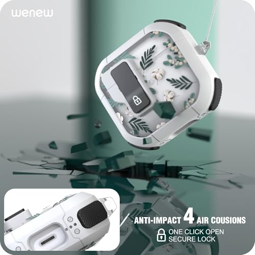 WENEW Case for AirPods 4th Case Cover Secure Lock Automatic Snap Switch Clip Cleaner Kit Lanyard Women Stylish Flower Armour Hard Shell Full Body Front LED Visible (Green Leaves, AirPods 4th) - color: Green Leaves, size: AirPods 4