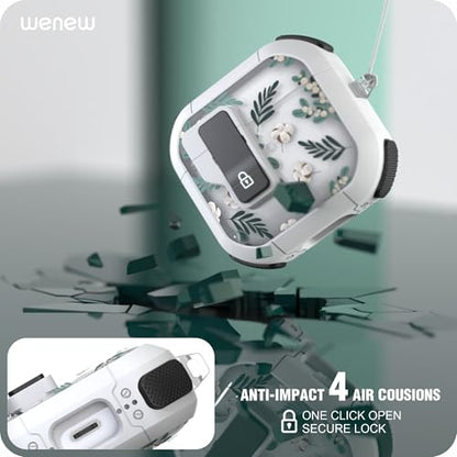 WENEW Case for AirPods 4th Case Cover Secure Lock Automatic Snap Switch Clip Cleaner Kit Lanyard Women Stylish Flower Armour Hard Shell Full Body Front LED Visible (Green Leaves, AirPods 4th) - color: Green Leaves, size: AirPods 4