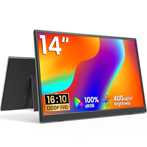 KQC 14 Inch Portable Monitor FHD 1200P, Ultra-Slim USB-C HDMI Plug & Play External Display, 100% sRGB Dual Speakers, Travel Laptop Monitor with Stand for PC Phone Xbox PS4/5 - size: 14 Inch 1200P